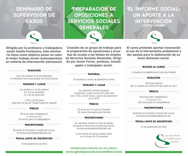 El Col·legi de Treball Social de Castelló reforça la formació continuada dels seus professionals amb tres nous cursos per a l'últim trimestre de l'any.