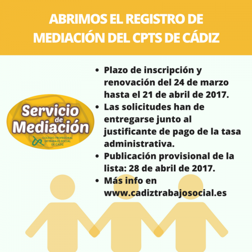 ABRIMOS EL PERIODO DE INSCRIPCIÓN EN EL REGISTRO DE MEDIACIÓN DEL CPTS DE CÁDIZ.