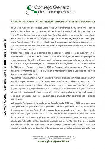 Comunicado del Consejo General del Trabajo Social ante la crisis humanitaria de las personas refugiadas