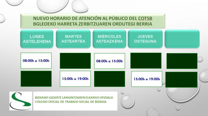 BGLEOeko Harreta zerbitzuaren Ordutegi Berria // Nuevo Horario de Atención al Público del COTSB