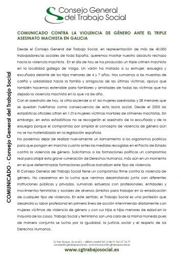 Comunicado del Consejo General del Trabajo Social contra la violencia de género ante el triple asesinato machista en Galicia