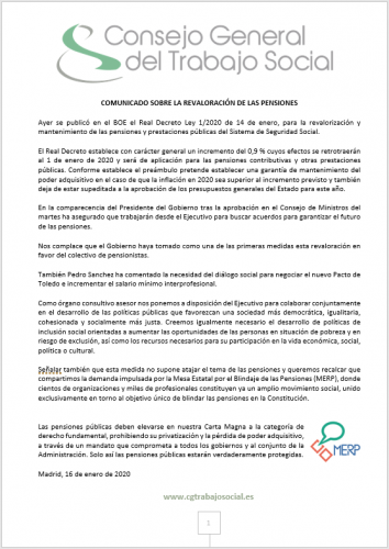 COMUNICADO SOBRE LA REVALORACIÓN DE LAS PENSIONES