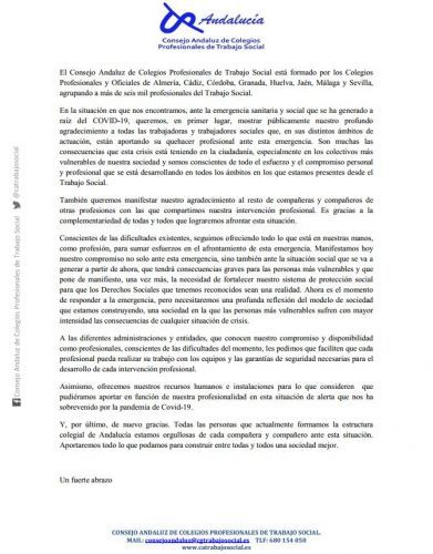 Carta de Agradecimiento del Consejo Andaluz de Trabajo Social