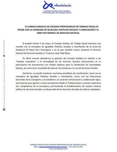 EL CONSEJO ANDALUZ DE COLEGIOS PROFESIONALES DE TRABAJO SOCIAL SE REUNE CON LA CONSEJERA DE IGUALDAD, POLÍTICAS SOCIALES Y CONCILIACIÓN Y EL DIRECTOR GENERAL DE SERVICIOS SOCIALES.