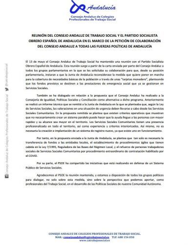 REUNIÓN DEL CONSEJO ANDALUZ DE TRABAJO SOCIAL Y EL PARTIDO SOCIALISTA OBRERO ESPAÑOL DE ANDALUCIA EN EL MARCO DE LA PETICIÓN DE COLABORACIÓN DEL CONSEJO ANDALUZ A TODAS LAS FUERZAS POLÍTICAS DE ANDALUCÍA