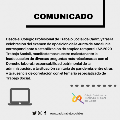 El Colegio Profesional de Trabajo Social de Cádiz manifiesta su queja a la Junta de Andalucía ante el examen del proceso de estabilización de empleo de la Junta de Andalucía celebrado el 10 de octubre.