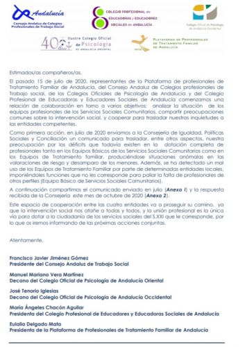 Información sobre el trabajo conjunto intercolegial en torno a los Equipos profesionales de Servicios Sociales