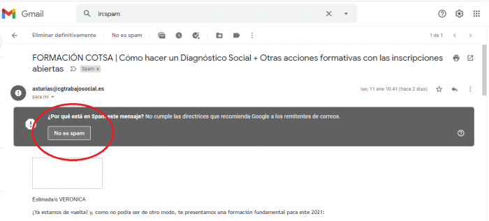 ¿No ves los correos del COTSA en tu bandeja de entrada? Selecciona la opción "No es SPAM"