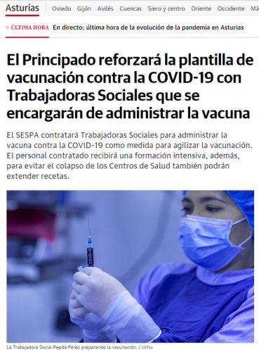 COMUNICADO | El Principado reforzará la plantilla de vacunación contra la COVID-19 con Trabajadoras Sociales que se encargarán de administrar la vacuna