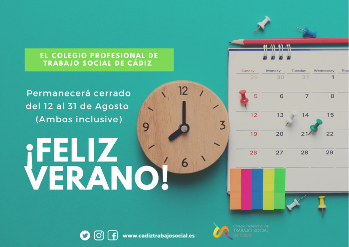 Calendario vacacional del Colegio Profesional de Trabajo Social de Cádiz