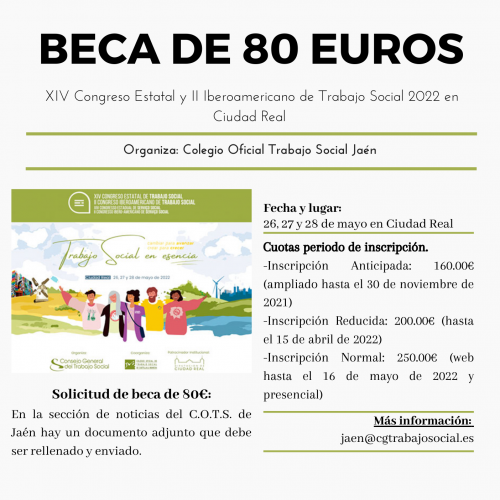 Beca de 80€ para el XIV Congreso Estatal De Trabajo Social en Ciudad Real