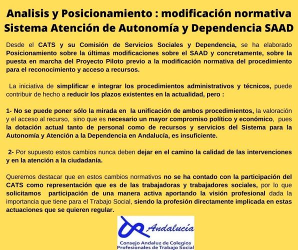 Posicionamiento del CATS y su Comisión de Servicios Sociales y Dependencia sobre el Proyecto Piloto para reducir la lista de espera en Dependencia.
