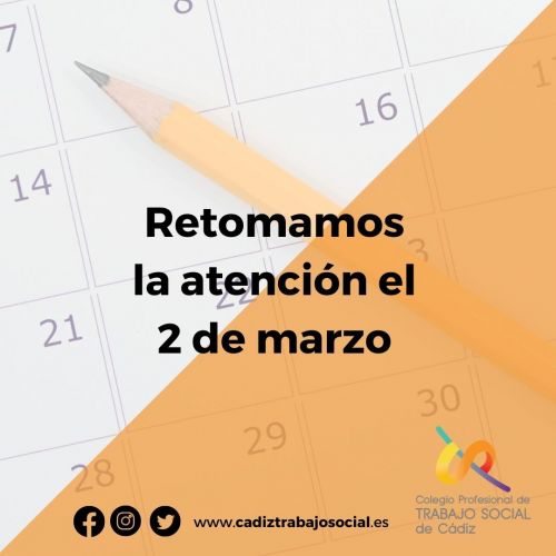 Informamos de que el 1 de marzo será festivo en Cádiz. Retomaremos la atención el miércoles 2 de marzo.