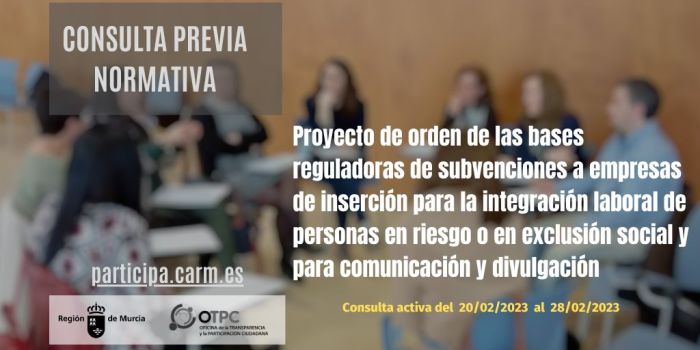 Consulta previa sobre el proyecto de bases de subvenciones a empresas de inserción para la integración laboral de personas en riesgo o en exclusión social y para comunicación y divulgación