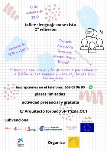 Taller sobre LENGUAJE NO SEXISTA organizado por Asociación Leonesa Simone de Beauvoir, el próximo 13 de octubre