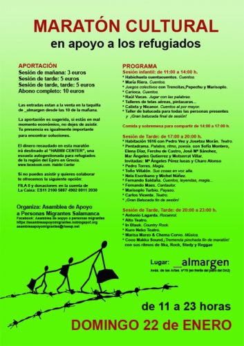 SALAMANCA. MARATÓN CULTURAL EN APOYO A LOS REFUGIADOS. SALA ALMARGEN. DE 11 A 23 H.