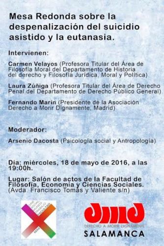 SALAMANCA. Mesa redonda Despenalización del suicidio asistido y la eutanasia.