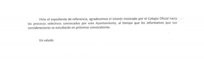 ACCIÓN. Escueta respuesta del Ayuntamiento de Salamanca al escrito del Colegio relativo a la convocatoria de 7 interinidades de TS.