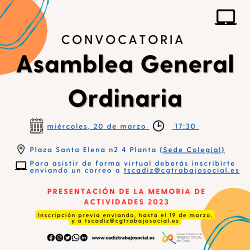 Convocatoria de Asamblea General Ordinaria de presentación de la Memoria de actividades 2023. 20.03.24. 17:30h.