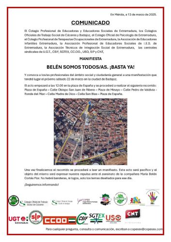 CONVOCATORIA MANIFESTACIÓN EN BADAJOZ: BELÉN SOMOS TODOS/AS. ¡BASTA YA!