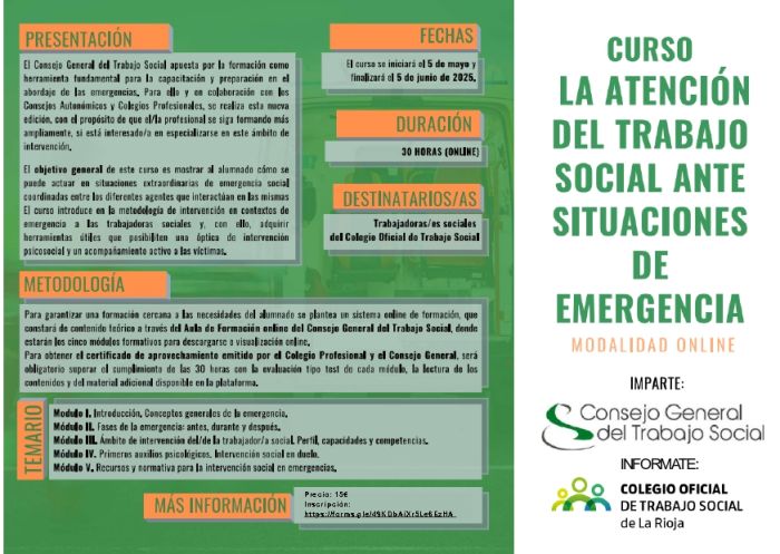 CURSO. LA ATENCION DEL TRABAJO SOCIAL ANTE SITUACIONES DE EMERGENCIA. NIVEL INTRODUCTORIO